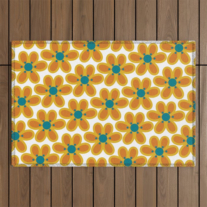 Susi Flowers - Retro Modern Floral Pattern in Orange, Mustard, Teal, and White Outdoor Rug