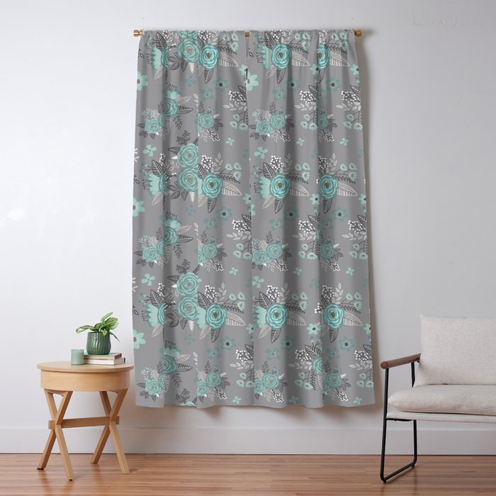 Teal Fl Pattern On Gray Background Blackout Curtain By Ellinor Society6 Teal Fl Pattern On Gray Background, Teal Patterned Curtains