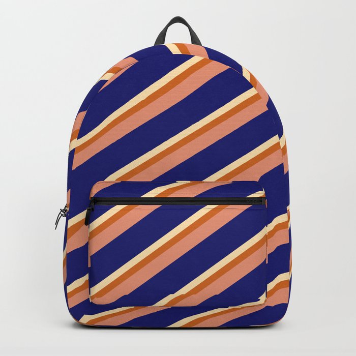 Beige, Chocolate, Dark Salmon, and Midnight Blue Colored Pattern of Stripes Backpack