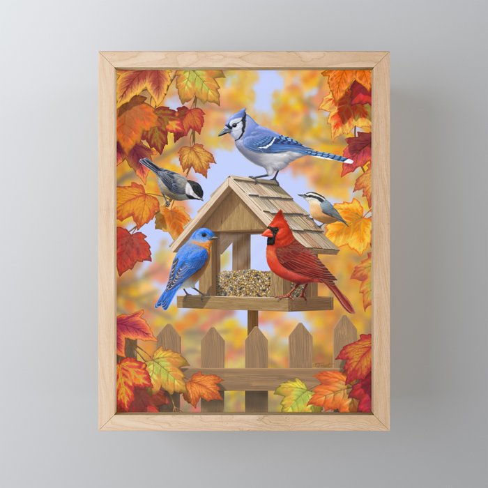 Autumn Bird Feeder Gathering Framed Mini Art Print
