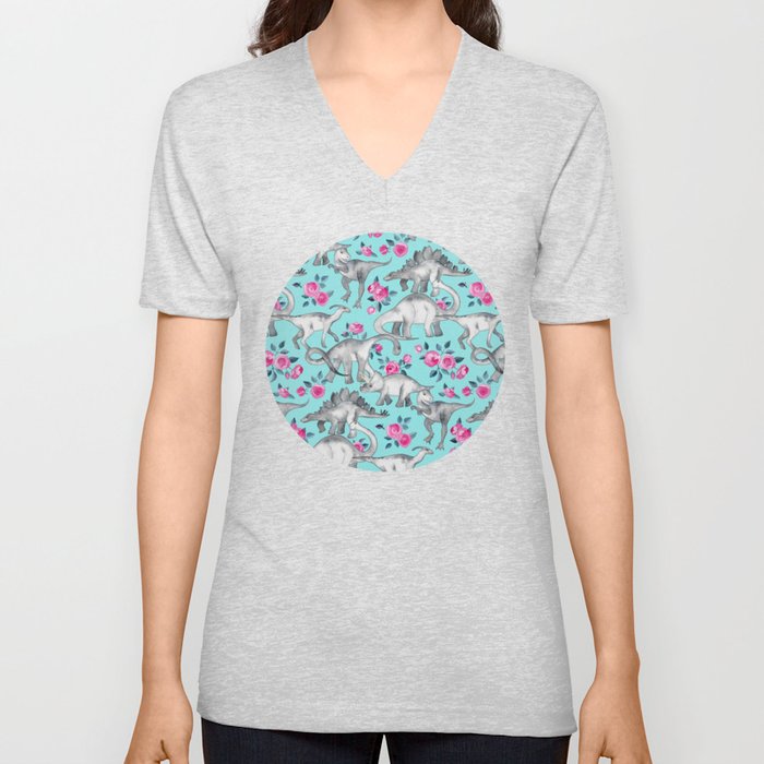Dinosaurs and Roses - turquoise blue V Neck T Shirt
