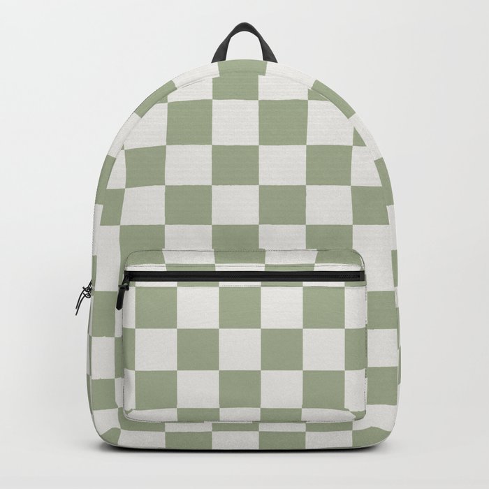 Checkerboard Check Checkered Pattern in Sage Green and Off White Backpack  by Kierkegaard Design Studio