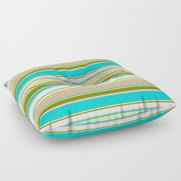 [ Thumbnail: Colorful Dark Turquoise, Pale Goldenrod, Green, Mint Cream & Tan Colored Lined/Striped Pattern Floor Pillow ]