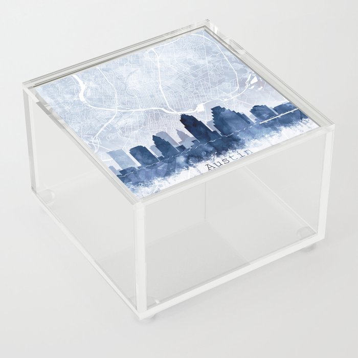 Austin Skyline & Map Watercolor Navy Blue Print by Zouzounio Art Acrylic Box