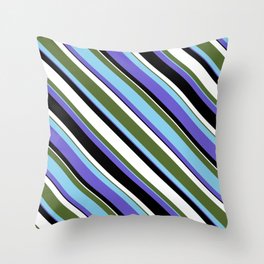 [ Thumbnail: Dark Olive Green, Sky Blue, Slate Blue, Black, and White Colored Lined Pattern Throw Pillow ]