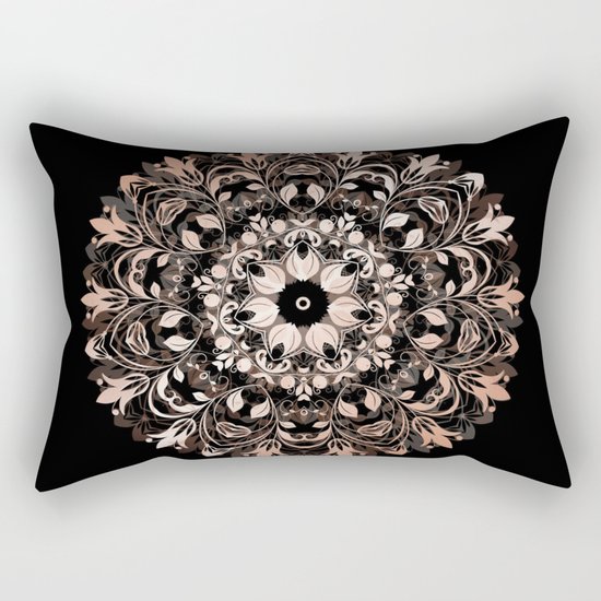 Rose Gold Floral Mandala On Black Rectangular Pillow