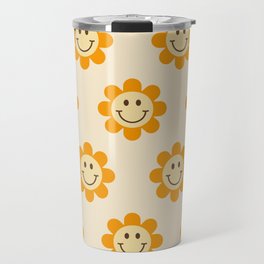 70s Retro Smiley Floral Face Pattern in yellow and beige Travel Mug