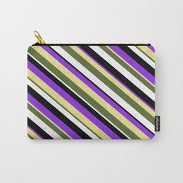 [ Thumbnail: Vibrant Purple, Tan, Dark Olive Green, White & Black Colored Lined/Striped Pattern Carry-All Pouch ]