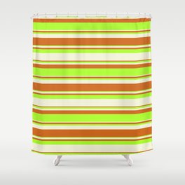 [ Thumbnail: Beige, Chocolate & Light Green Colored Lined/Striped Pattern Shower Curtain ]