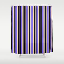 [ Thumbnail: Black, Tan, and Medium Slate Blue Colored Stripes/Lines Pattern Shower Curtain ]