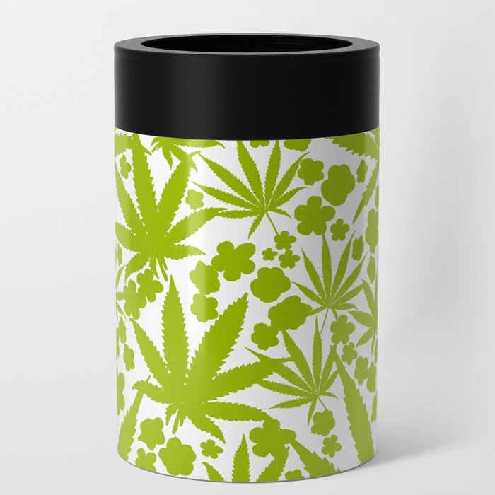 Modern Cannabis Leaves And Flowers Mossy Green On White Cottagecore Botanical Pattern Can Cooler