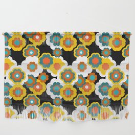 1970s Flowers on Black Background - Bold Retro Pattern Wall Hanging