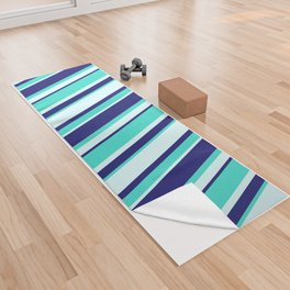 [ Thumbnail: Turquoise, Midnight Blue, and Light Cyan Colored Stripes/Lines Pattern Yoga Towel ]