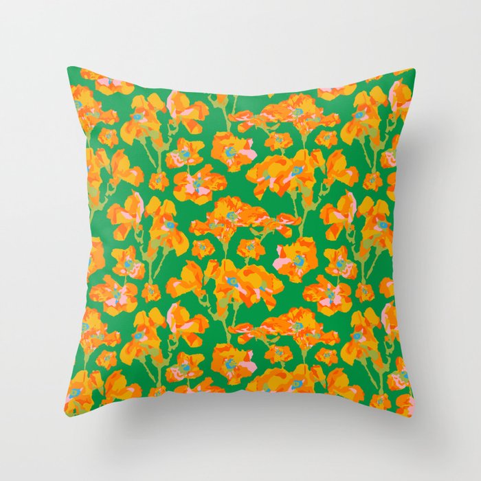 WILD ROSES Abstract Floral Summer Bright Rose Garden in Orange Yellow Blue Lime Green on Kelly Green - UnBlink Studio by Jackie Tahara Throw Pillow
