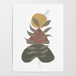 Minimalist landscape with a leafy plant and a stack of three organic shapes Poster