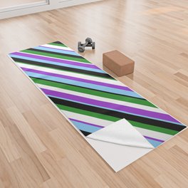 [ Thumbnail: Dark Orchid, Light Sky Blue, Black, Forest Green, and White Colored Lines Pattern Yoga Towel ]