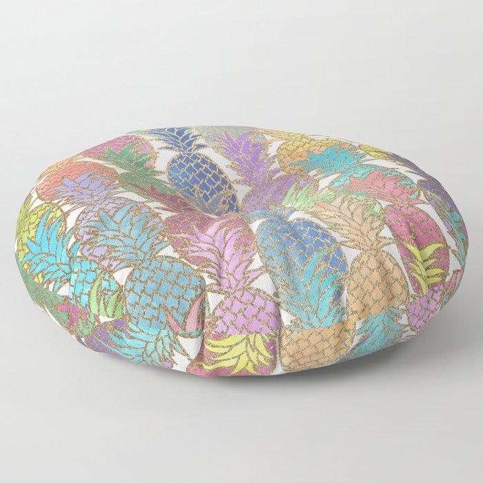 Colorful Watercolor and Gold Pineapple Pattern Floor Pillow