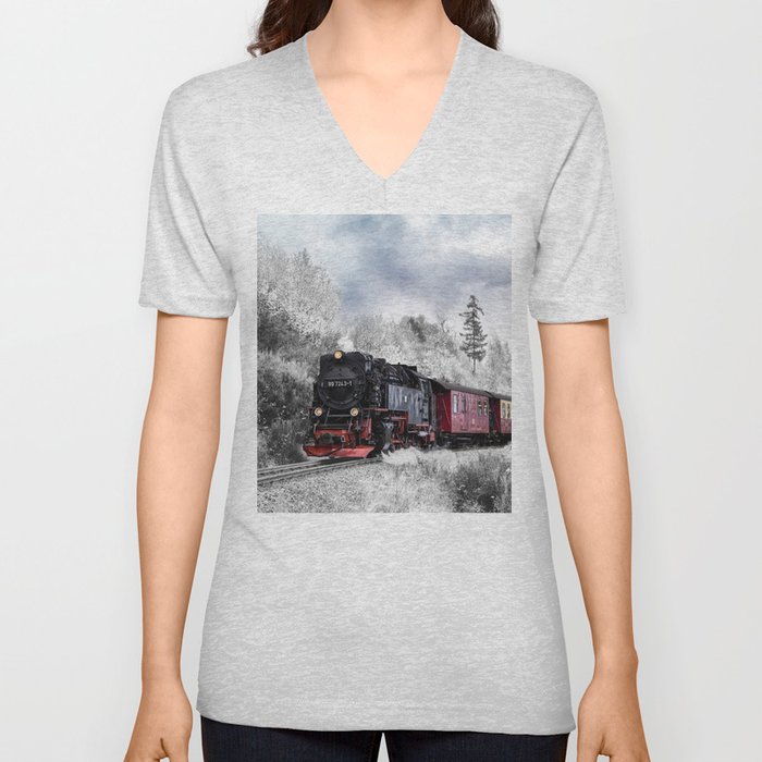 Vintage train,snow,winter art V Neck T Shirt