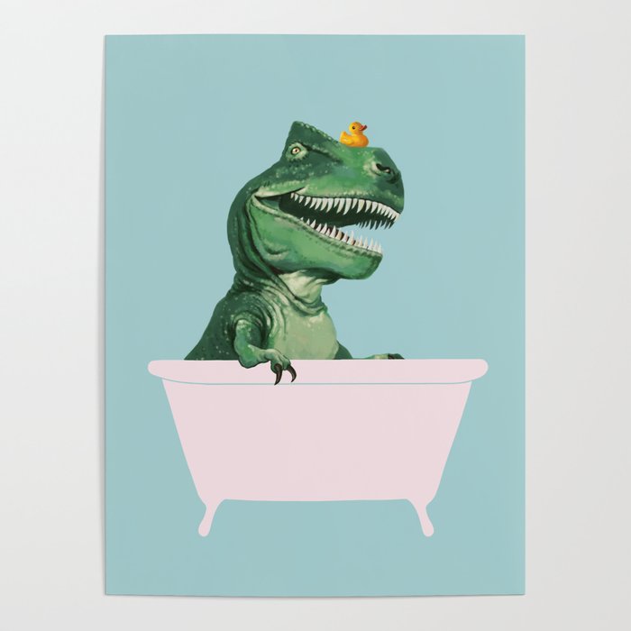 Playful T-Rex in Bathtub in Green Poster | Painting, Digital, Acrylic, Watercolor, Cute, Humor, Dinosour, Bathtub, Children, Nursery