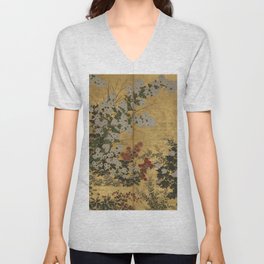 Red White Chrysanthemums Vintage Floral Japanese Gold Leaf Screen V Neck T Shirt