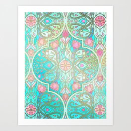 Floral Moroccan in Spring Pastels - Aqua, Pink, Mint & Peach Art Print