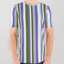 [ Thumbnail: Grey, Slate Blue, Mint Cream & Dark Olive Green Colored Stripes/Lines Pattern All Over Graphic Tee ]