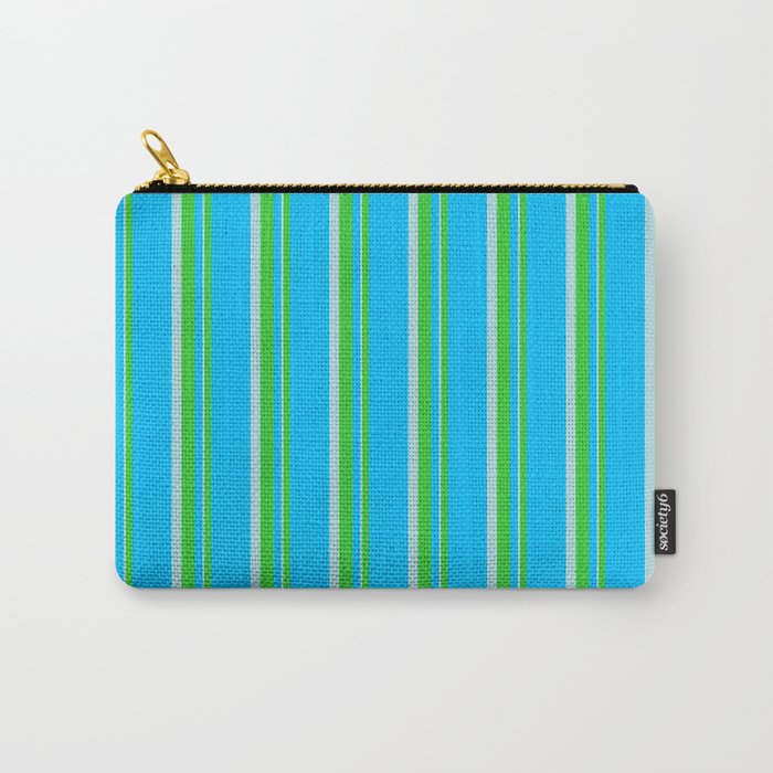 Deep Sky Blue, Lime Green, and Powder Blue Colored Striped Pattern Carry-All Pouch