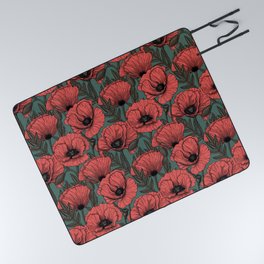 Poppy garden in coral, brown and pine green Picnic Blanket