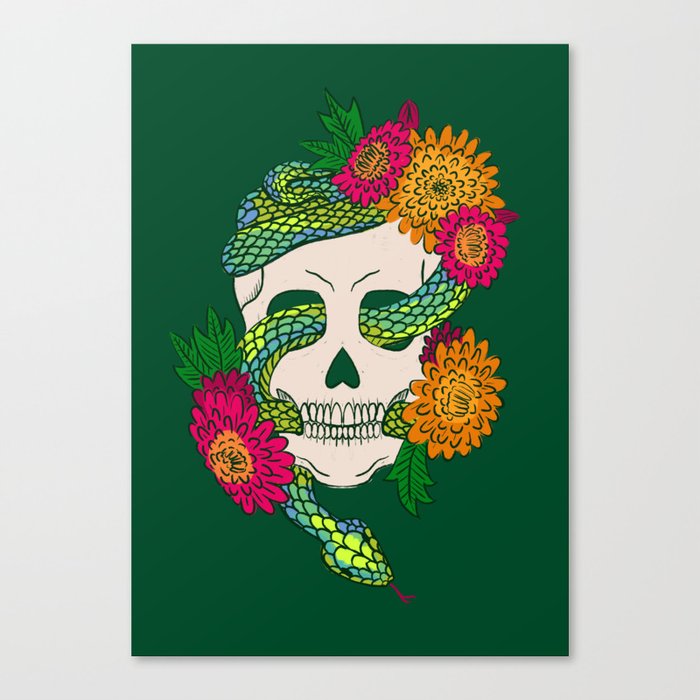 Floral Skull Snake - Deep Emerald Canvas Print