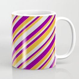 [ Thumbnail: Light Gray, Purple & Goldenrod Colored Lines Pattern Coffee Mug ]