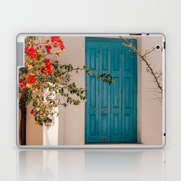 Greek Still Live- Blue Shutter Door with Red Flowers - Mediterranean Summer Vibe - Travel Photography Laptop Skin
