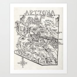 Hand-Drawn Arizona Map Art Print