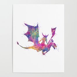 Girl Viking Riding Dragon Colorful Watercolor Poster
