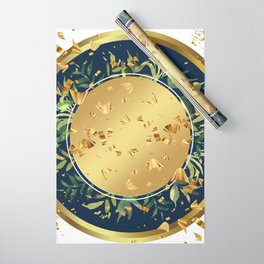 Green Leaves and Circle Gold Frame on a Circle Blue Gold Background Wrapping Paper