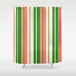[ Thumbnail: Salmon, Forest Green & Beige Colored Lined Pattern Shower Curtain ]