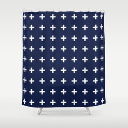 Navy Blue Swiss Cross Minimalist Line Drawing Shower Curtain