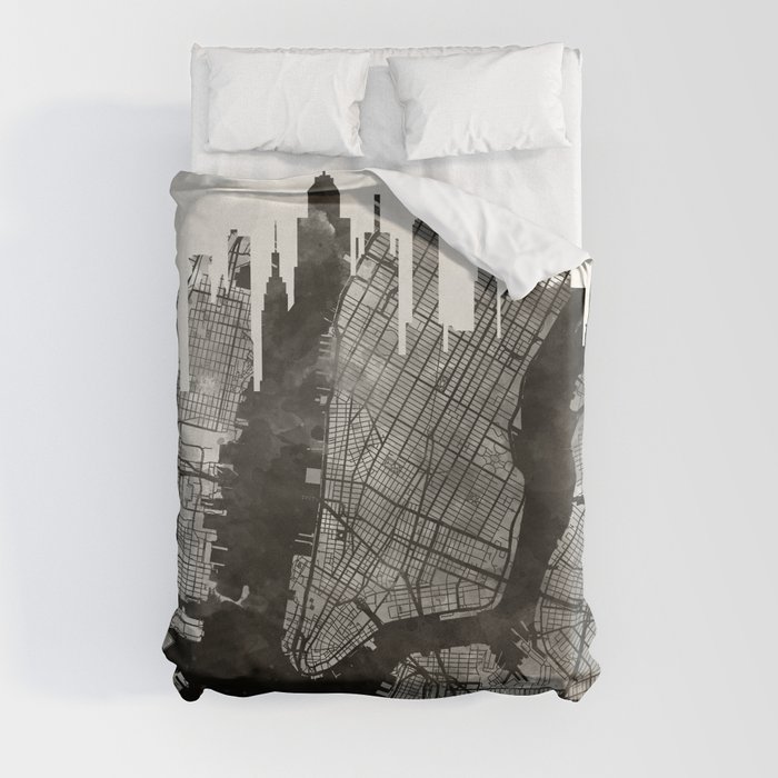 New York Skyline Map 3 Duvet - New York Skyline Map 3 Duvet Covers
