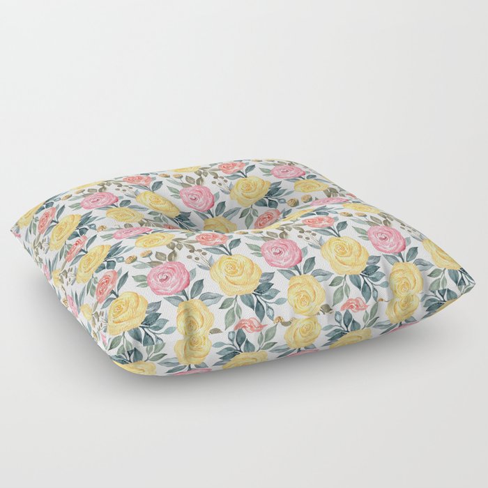 Pink and yellow watercolor flowers Floor Pillow