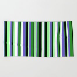 [ Thumbnail: Colorful Forest Green, Slate Blue, White, Green, and Black Colored Stripes Pattern Beach Towel ]