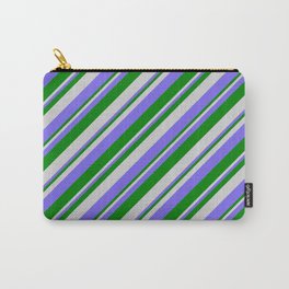 [ Thumbnail: Light Gray, Medium Slate Blue & Green Colored Lines/Stripes Pattern Carry-All Pouch ]