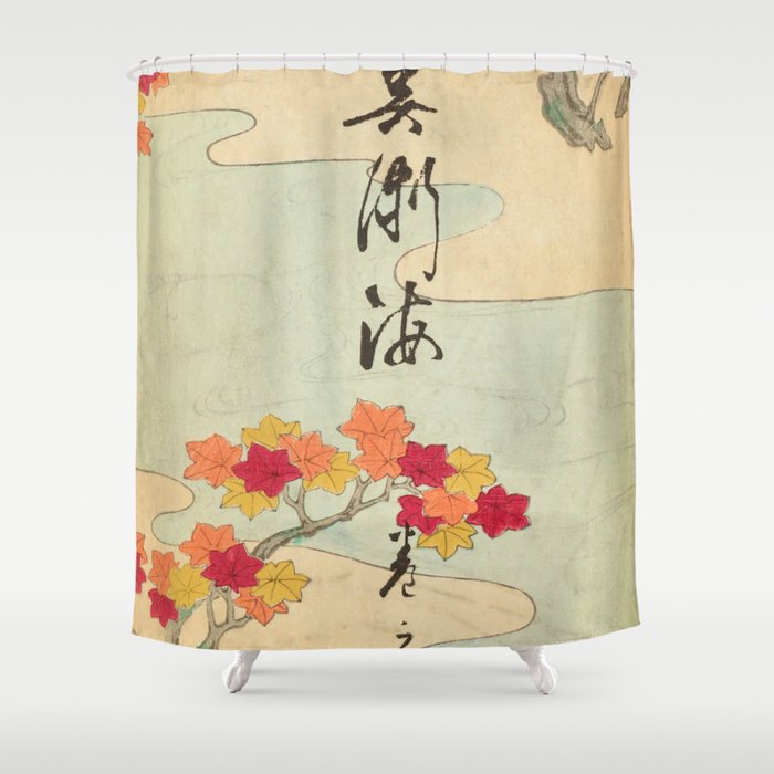 Vintage Japanese Maple Leaf And River Print Shower Curtain By