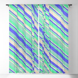 [ Thumbnail: Tan, Blue, Aquamarine & Green Colored Lines Pattern Sheer Curtain ]