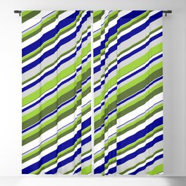 [ Thumbnail: Vibrant Green, Dark Olive Green, White, Dark Blue & Light Grey Colored Lines/Stripes Pattern Blackout Curtain ]
