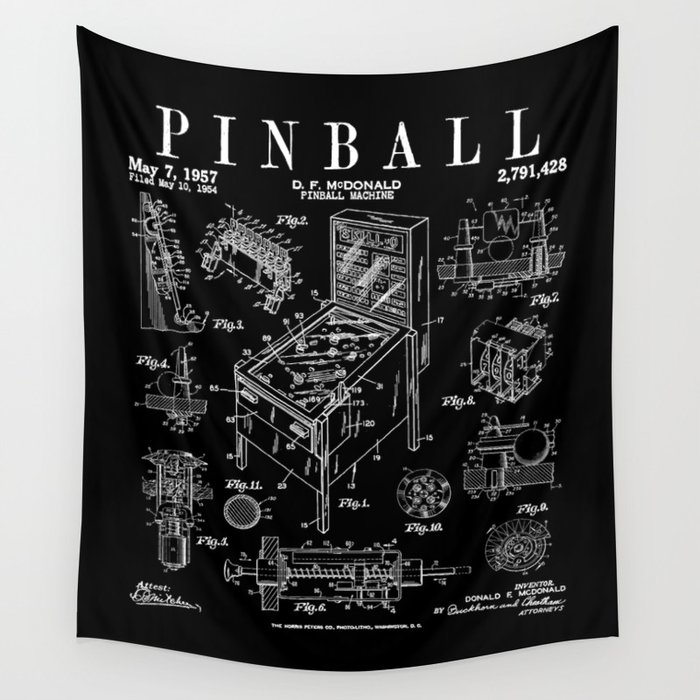 Pinball Arcade Gaming Machine Vintage Gamer Patent Print Wall Tapestry