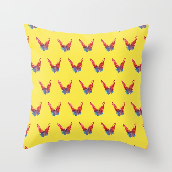 Abstract red and blue butterfly with fan and yellow background Throw Pillow