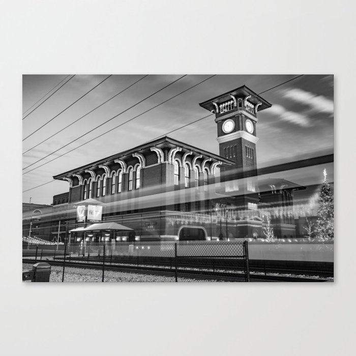 The Rail Passing By The Grapevine Main Station - Black and White Canvas Print