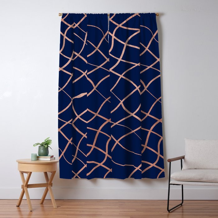 Abstract Elegant Rose Gold Navy Blue Geometrical Pattern Blackout Curtain By Eclectic Art Society6