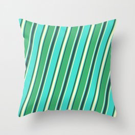 [ Thumbnail: Sea Green, Light Yellow, Turquoise, and Dark Slate Gray Colored Striped Pattern Throw Pillow ]