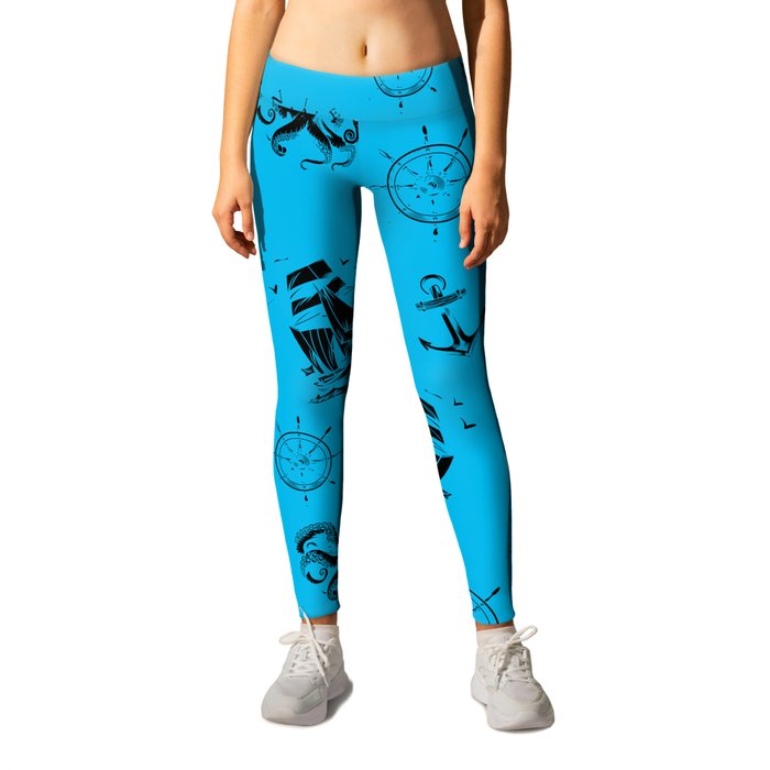 Turquoise And Black Silhouettes Of Vintage Nautical Pattern Leggings