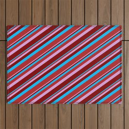 [ Thumbnail: Deep Sky Blue, Red, Plum & Maroon Colored Lined/Striped Pattern Outdoor Rug ]